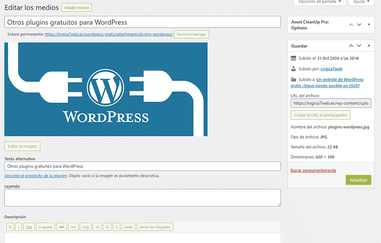 Editar una imagen en la biblioteca multimedia de WordPress